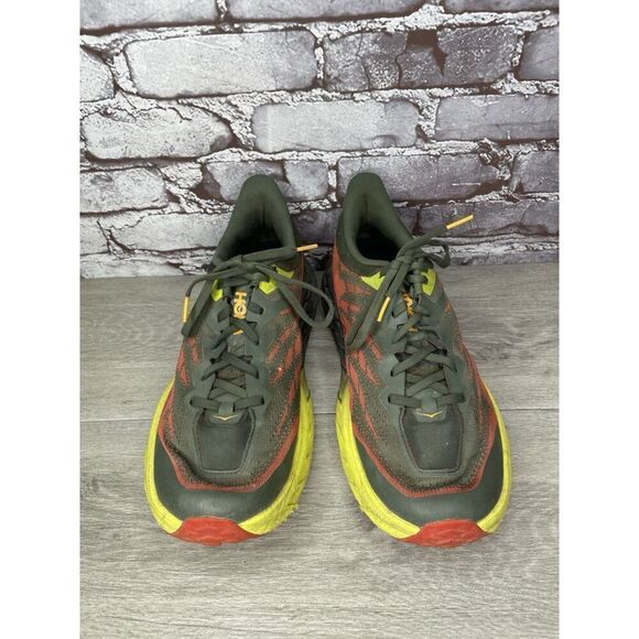 Hoka One Speedgoat 5 Thyme Fiesta Gray Fabric Red Yellow Gym Shoes Men 12 2E US main image 9